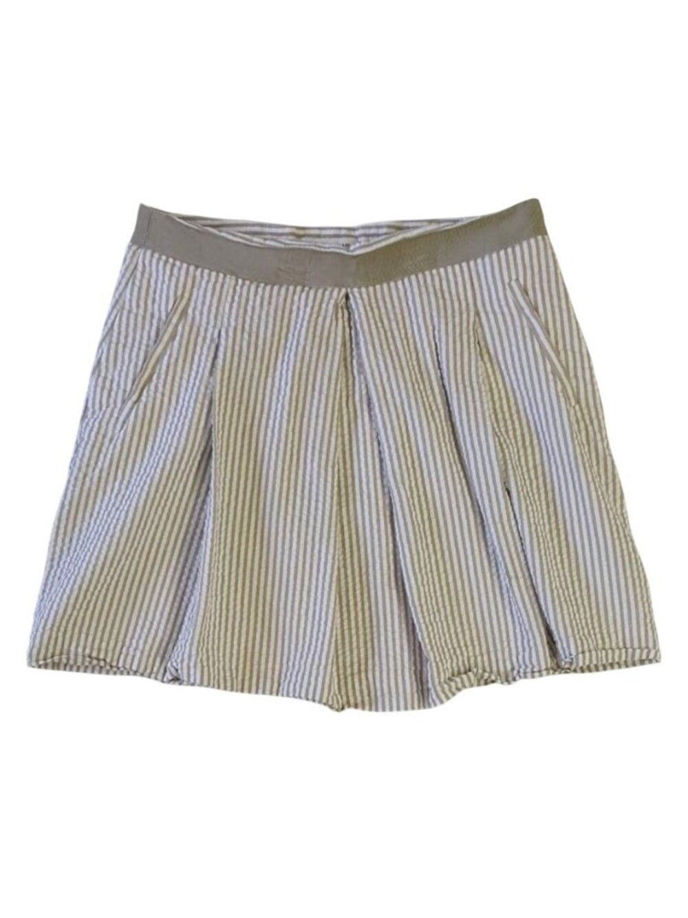 Banana Republic Women Pleat Seersucker Mini Skirt Tan SZ 8 Striped Pockets Lined